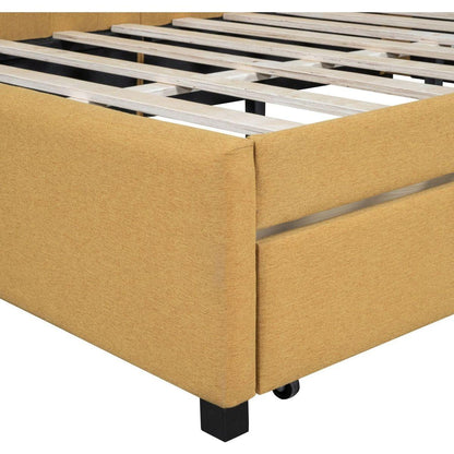 Full Size Upholstered Daybed with 2 Storage Drawers Sofa Bed Frame No Box Spring Needed, Linen Fabric (Yellow)