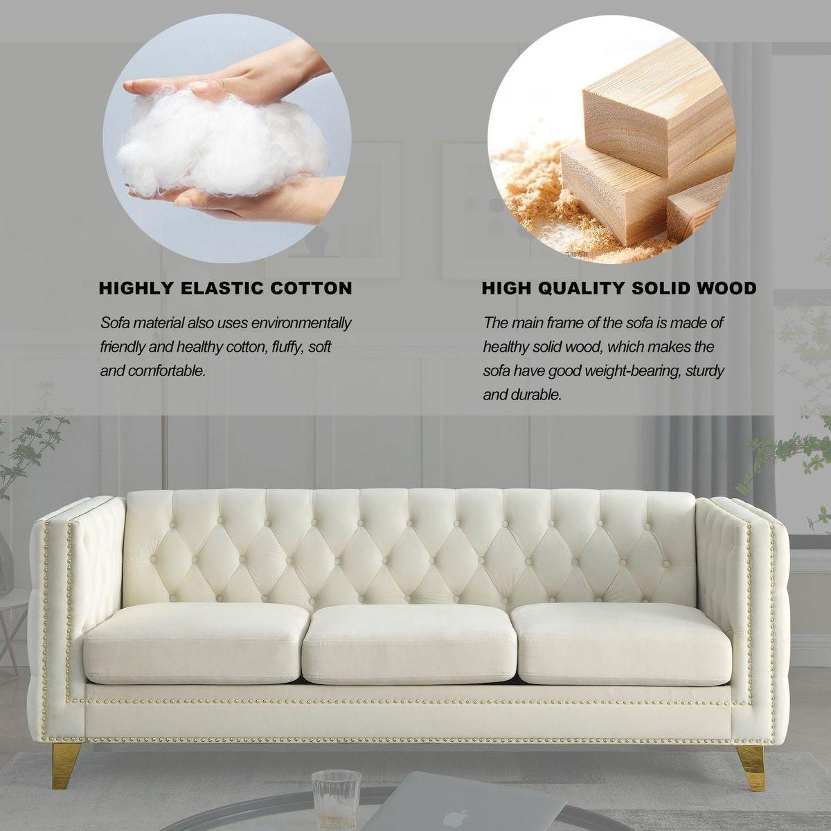 Velvet Sofa for Living Room,Buttons Tufted Square Arm Couch, Modern Couch Upholstered Button and Metal Legs, Sofa Couch for Bedroom, Beige Velvet, 2PCS