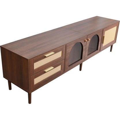 Rattan TV Stand with 3 Cabinets & 2 Drawers, Rattan-inspired Media Console Table for TVs up to 80", LED Light Entertainment Center, TV cabinet for Living room, Bedroom, Home Theatre - Streamdale Furniture