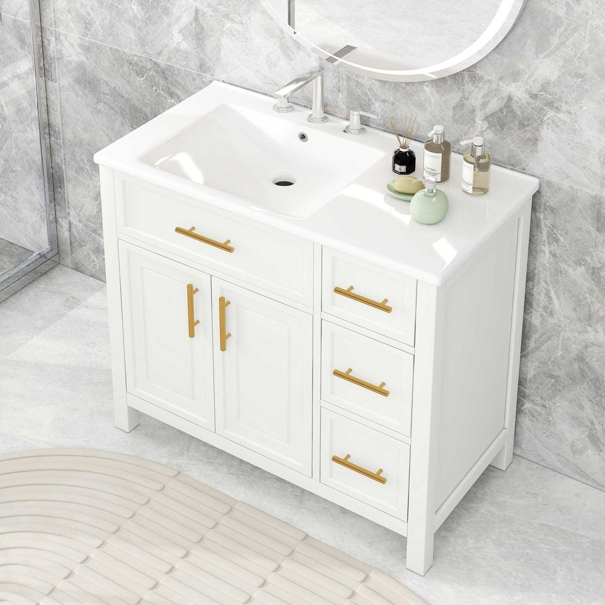 36" Bathroom Vanity with Sink Top, Bathroom Vanity Cabinet with Two Doors and Three Drawers, Solid Wood, MDF Boards, One Package, Off White