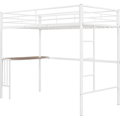Twin Metal Bunk Bed with Desk, Ladder and Guardrails, Loft Bed for Bedroom, White