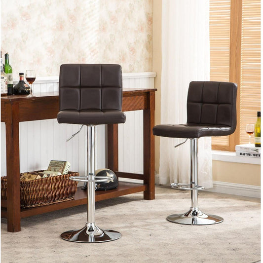 Swivel Faux Leather Adjustable Hydraulic Bar Stool, Set of 2, Brown