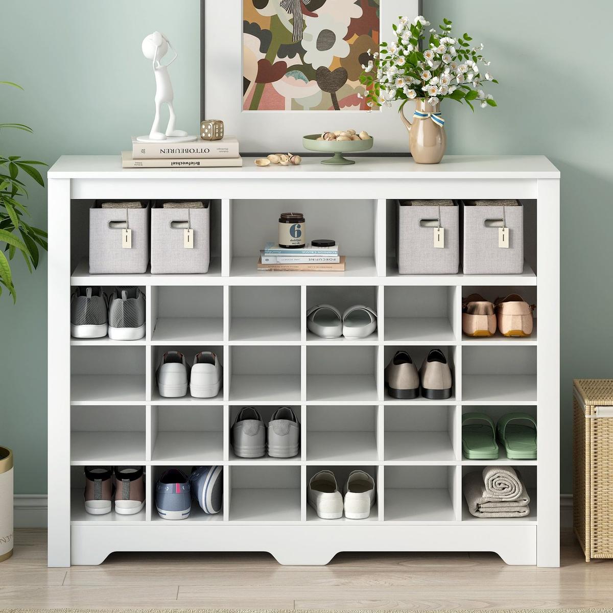 Sleek Design 24 Shoe Cubby Console, Modern Shoe Cabinet with Curved Base, Versatile Sideboard with High-quality for Hallway, Bedroom, Living Room, White