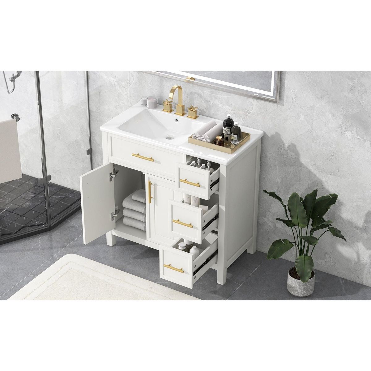 36" Bathroom Vanity with Sink Top, Bathroom Vanity Cabinet with Two Doors and Three Drawers, Solid Wood, MDF Boards, One Package, Off White