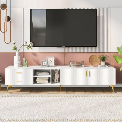 Modern TV Stand with 5 Champagne legs - Durable, stylish, spacious, versatile storage TVS up to 77" (White)