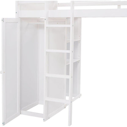 Twin size Loft Bed with a Stand-alone bed, Shelves,Desk,and Wardrobe-White
