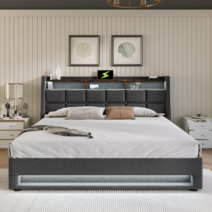 Full size Upholstered Platform bed with a Hydraulic Storage System, LED and USB Charging, Grey (without mattress)