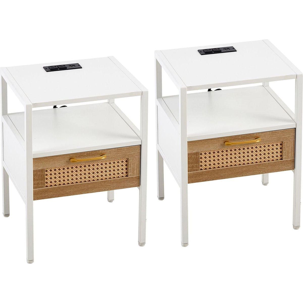 Set of 2, 15.75" Rattan End table with Power Outlet & USB Ports, Modern nightstand with drawer and metal legs, side table for living room, bedroom,white