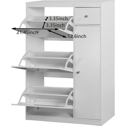 Shoe Cabinet,Freestanding Tipping Bucket Shoe Rack Organizer with 3 Flip Drawers,Entryway Narrow Shoe Storage with Adjustable Storage Shelf,Modern Slim Hidden Shoe Cabinet, White