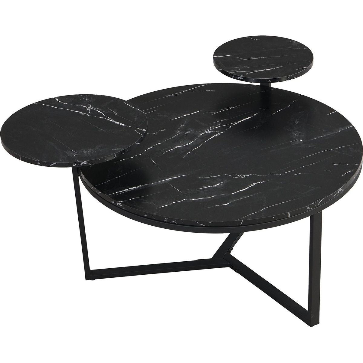 Modern coffee table with two display shelves, Black Faux marble surfaces, Tripod-inspired base,Rounded tabletop edges