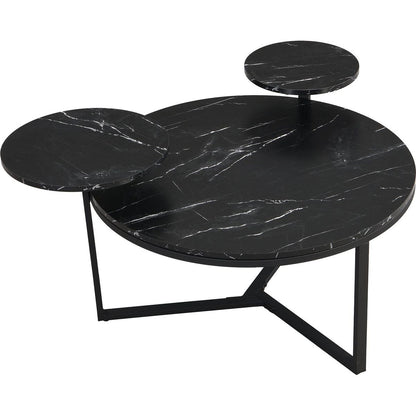 Modern coffee table with two display shelves, Black Faux marble surfaces, Tripod-inspired base,Rounded tabletop edges