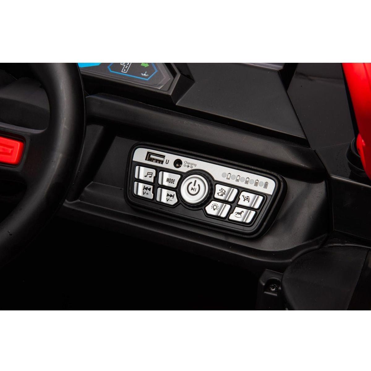 12v7ax2 30wx4 Four-wheel drive leather seat one button start,forward and backward, high and low speed, music, front light, power display, two doors can open, 2.4G R/C, seat belt four wheel absorber