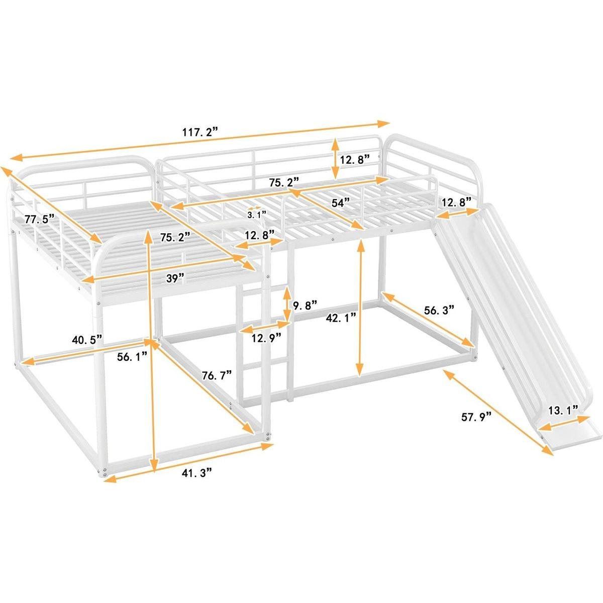 Full and Twin Size L-Shaped Bunk Bed with Slide and Short Ladder, White