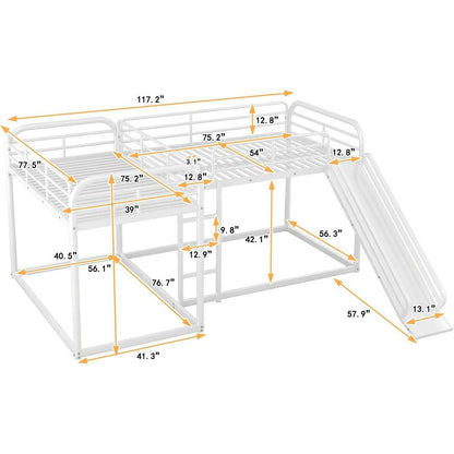 Full and Twin Size L-Shaped Bunk Bed with Slide and Short Ladder, White