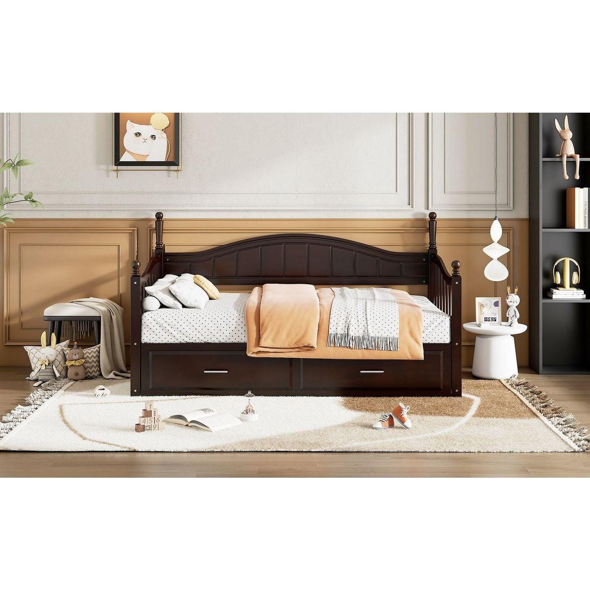 Wooden Twin Size Daybed with Twin Size Trundle, Extendable Daybed with Two Storage Drawers, Espresso