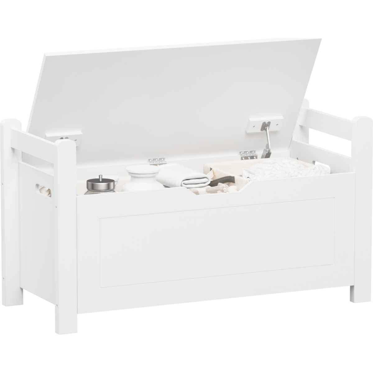 Kids Toy Box Chest, White Rubber Wood Toy Box for Boys Girls, Large Storage Cabinet with Cushion Seat Bench/Flip-Top Lid/Safety Hinge, Toy Storage Organizer Trunk for Nursery, Playroom