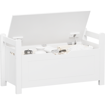 Kids Toy Box Chest, White Rubber Wood Toy Box for Boys Girls, Large Storage Cabinet with Cushion Seat Bench/Flip-Top Lid/Safety Hinge, Toy Storage Organizer Trunk for Nursery, Playroom