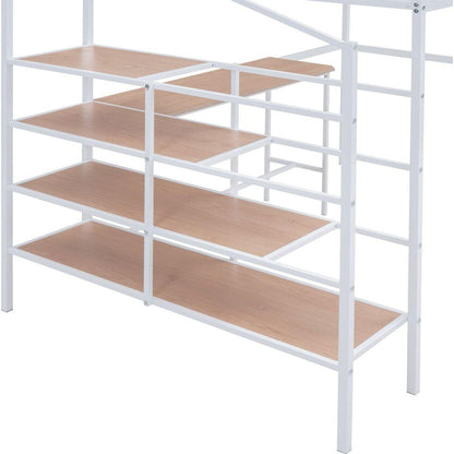 Full Size Metal Loft Bed with Desk and Lateral Storage Ladder, White