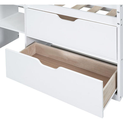 Twin Size Low Loft Bed with Rolling Desk, Shelf and Drawers - White
