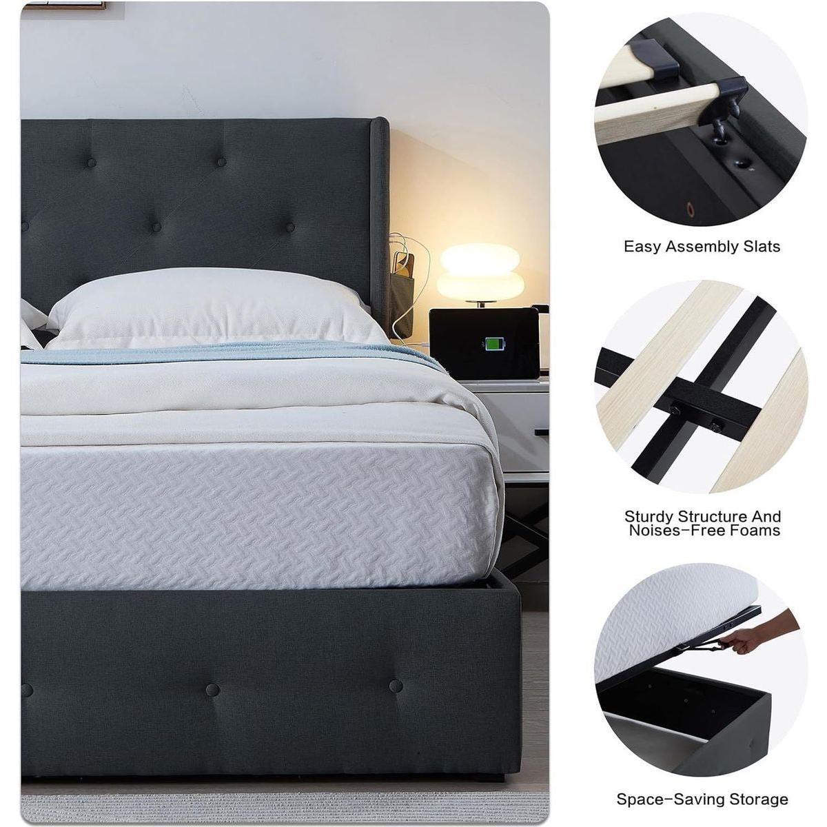 Queen Size Bed Frame with Storage - Lift Up Storage Bed with Modern Wingback Headboard, USB Ports