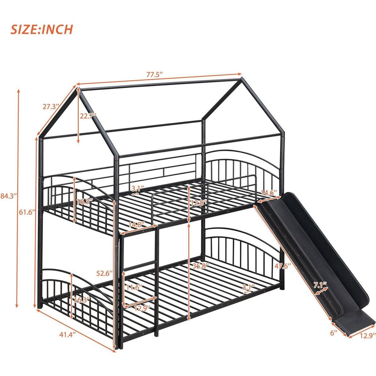 Twin Over Twin Metal Bunk Bed With Slide,Kids House Bed Black