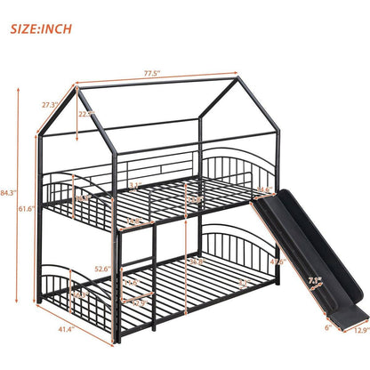 Twin Over Twin Metal Bunk Bed With Slide,Kids House Bed Black