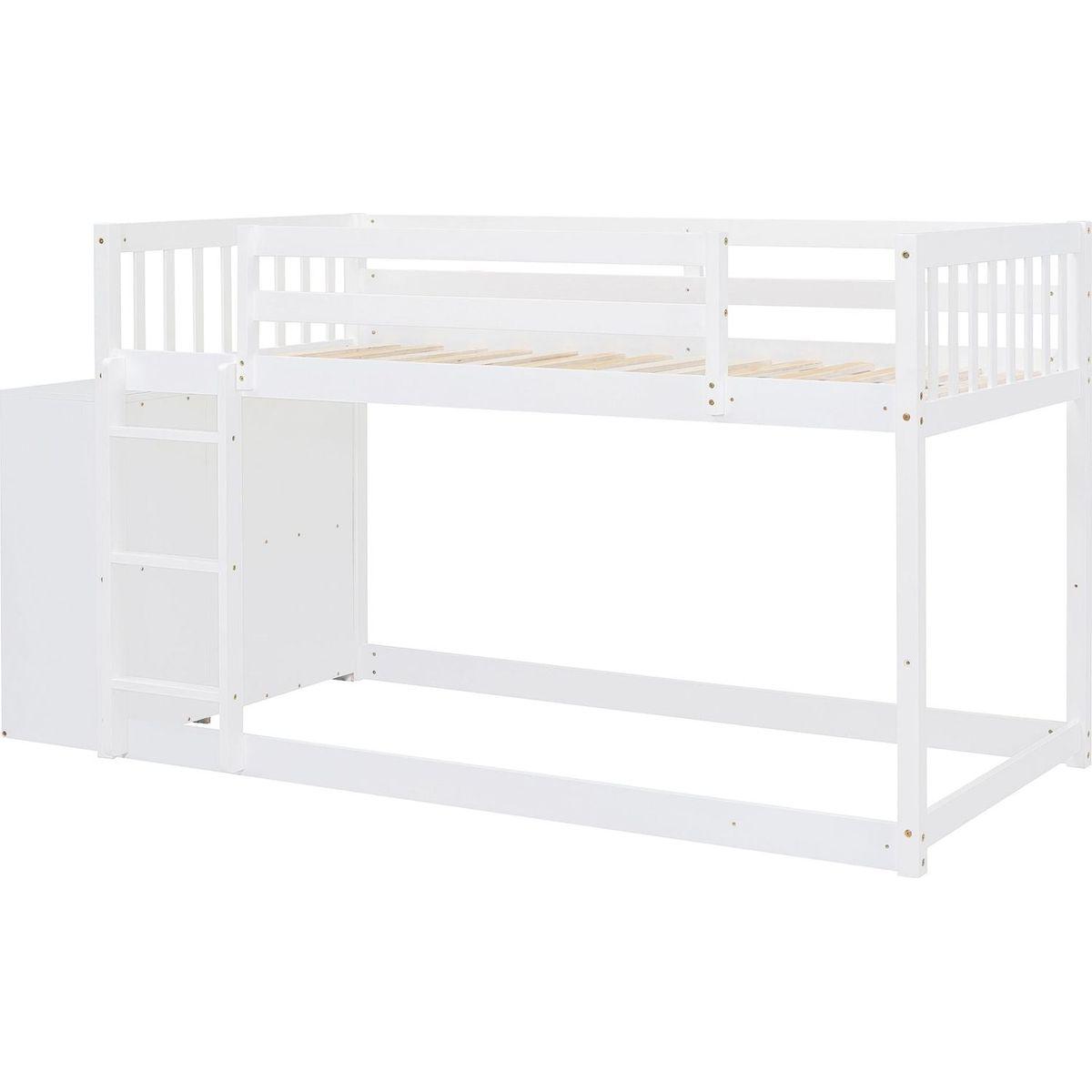 Twin over Twin Bunk Bed with 4 Drawers and 3 Shelves-White