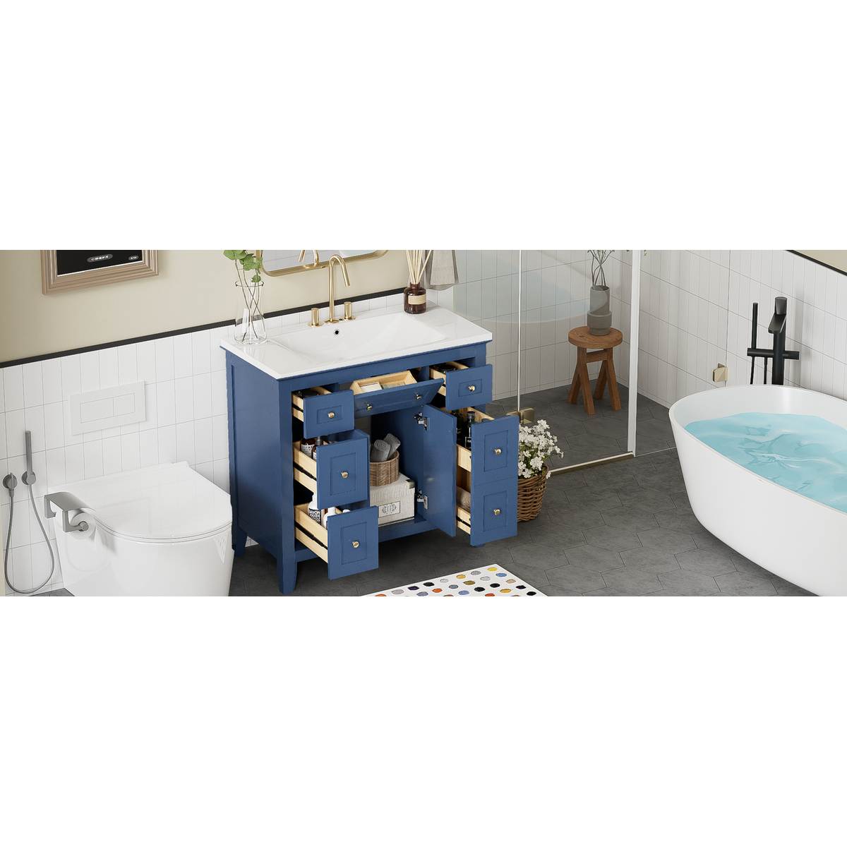 36" Bathroon Vanity with Resin Sink Combo Set, Modern Freestanding Single Bathroom Cabinet with 6 Drawers & 2 Cabinets, Storage Cabinet for Bathroom, Solid Wood Frame Vanity Set, Blue