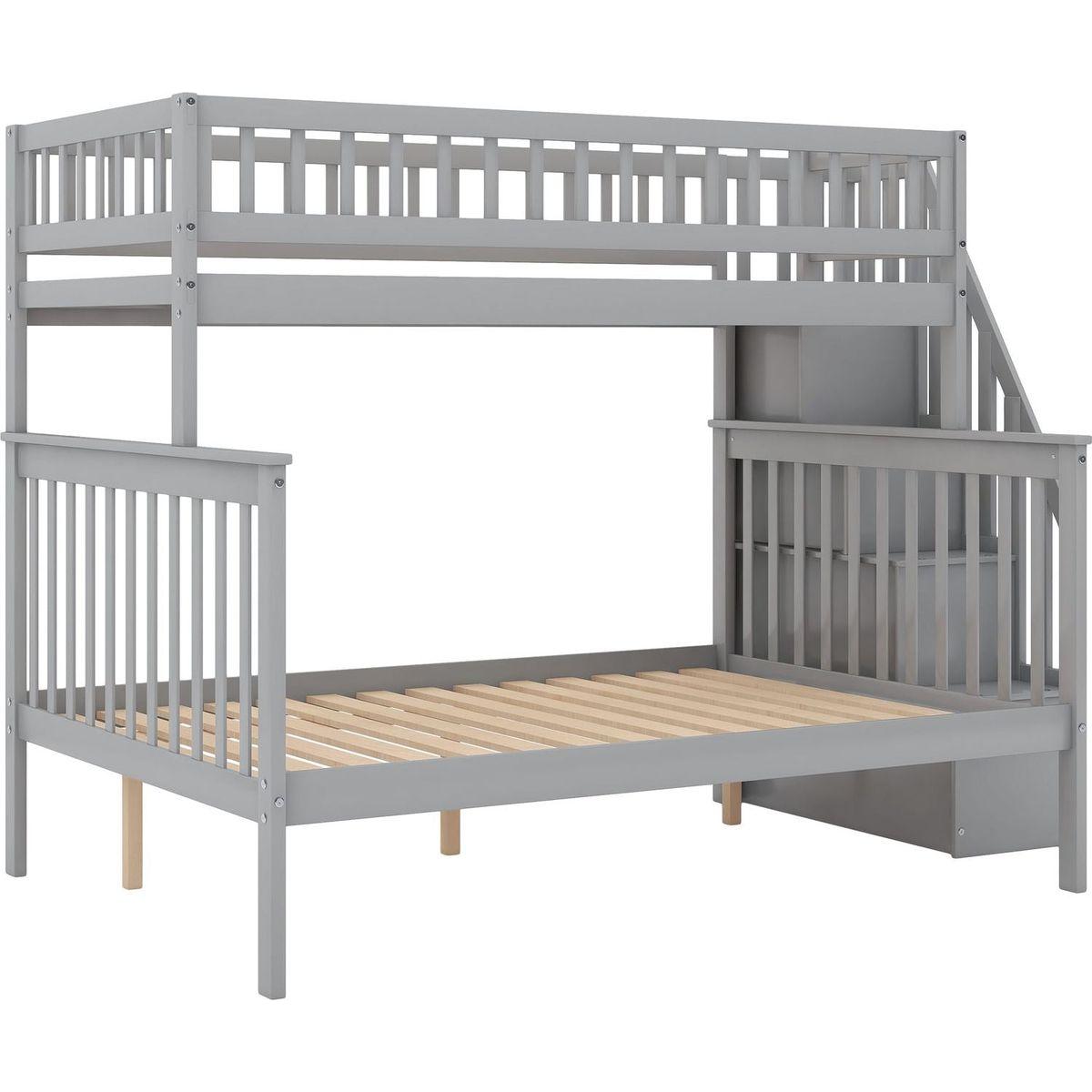 Twin over Full Stairway Bunk Bed with Storage, Gray