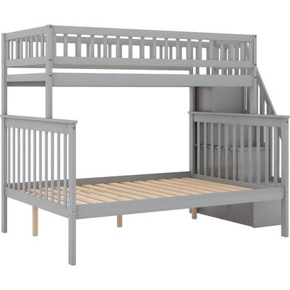 Twin over Full Stairway Bunk Bed with Storage, Gray