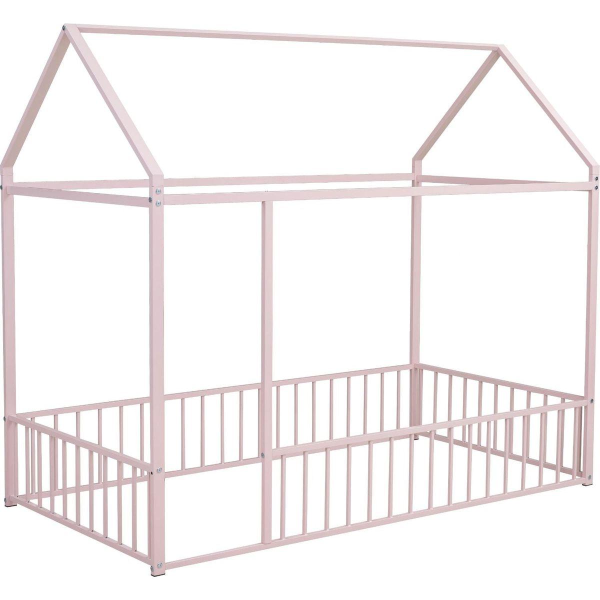 Twin Size Metal Bed House Bed Frame with Fence, for Kids, Teens, Girls, Boys, Pink - Streamdale Furniture