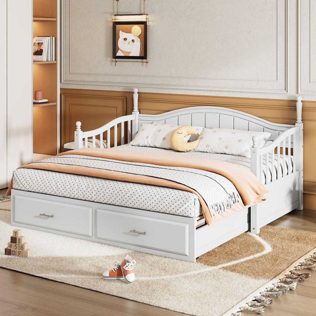 Wooden Twin Size Daybed with Twin Size Trundle, Extendable Daybed with Two Storage Drawers,White