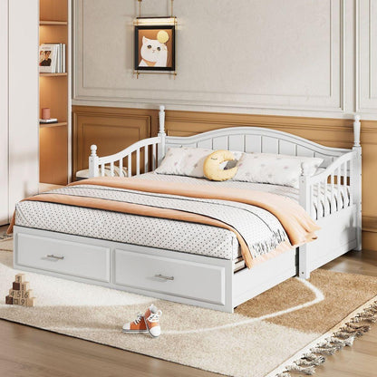 Wooden Twin Size Daybed with Twin Size Trundle, Extendable Daybed with Two Storage Drawers,White