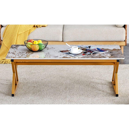 A modern minimalist style marble patterned coffee table with golden metal legs. Computer desk. Game table. Tea table. CT-XX