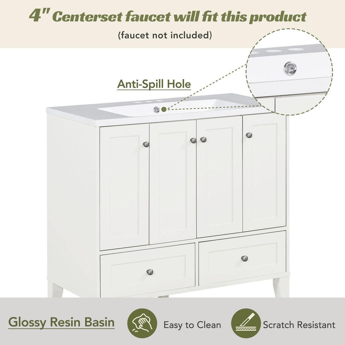 36" Bathroom Vanity with Resin Sink Combo,Solid Wood Frame Bathroom Storage Cabinet, Freestanding Vanity Set with 4 Soft Closing Doors& 2 Drawers