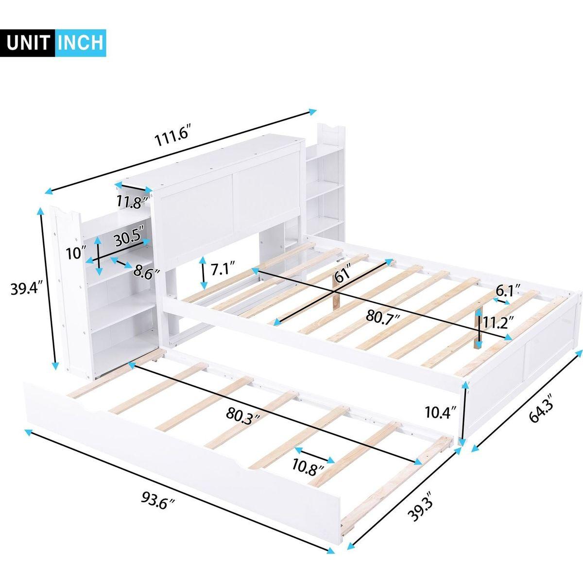 Queen Size Storage Platform Bed with Pull Out Shelves and Twin XL Size Trundle, White