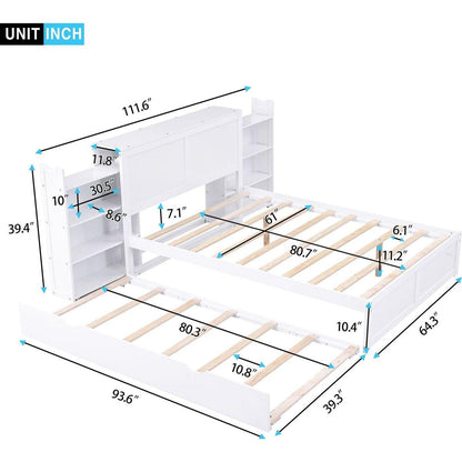 Queen Size Storage Platform Bed with Pull Out Shelves and Twin XL Size Trundle, White