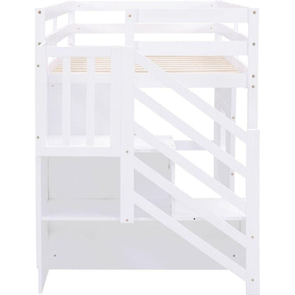Twin Size Loft Bed with Storage Staircase and Window, White