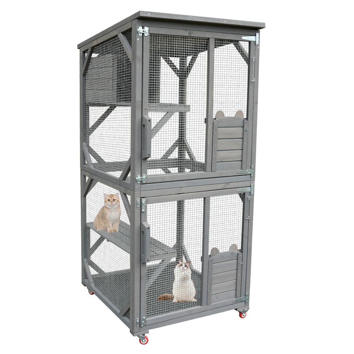 Catio Large Wooden Cat House Outdoor Indoor Cat Enclosures On Wheels, Wooden Kitty House Shelter Outside with Resting Box, Waterproof Roof (Grey, 31.5' D x 36.6' W x 71' H)