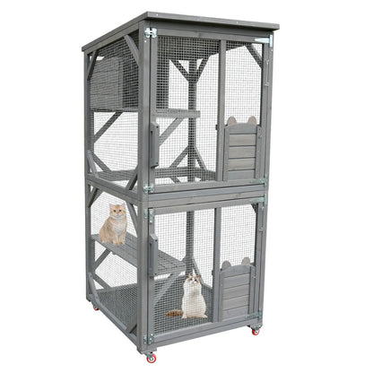 Catio Large Wooden Cat House Outdoor Indoor Cat Enclosures On Wheels, Wooden Kitty House Shelter Outside with Resting Box, Waterproof Roof (Grey, 31.5' D x 36.6' W x 71' H)