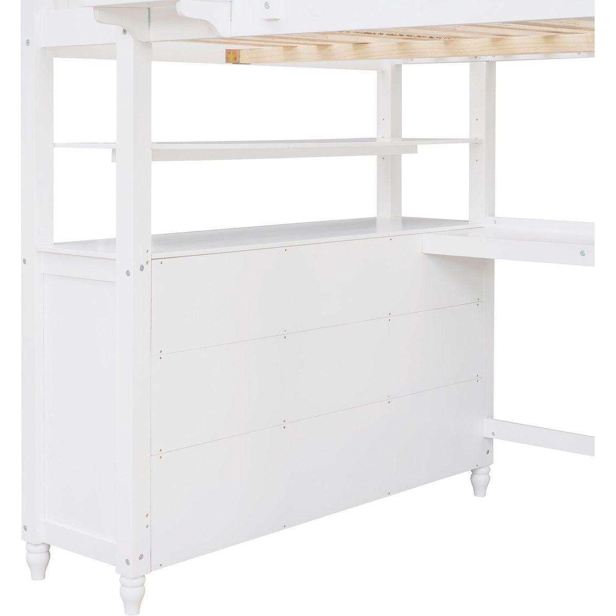 Full size Loft Bed with Drawers and Desk, Wooden Loft Bed with Shelves - White