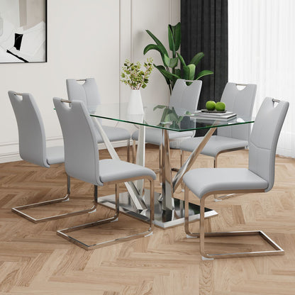 Modern style glass dining table, elegant transparent design, sturdy stainless steel base, Light gray dining chairs set, electroplated chair legs, suitable for dining room and kitchen (set of 7)