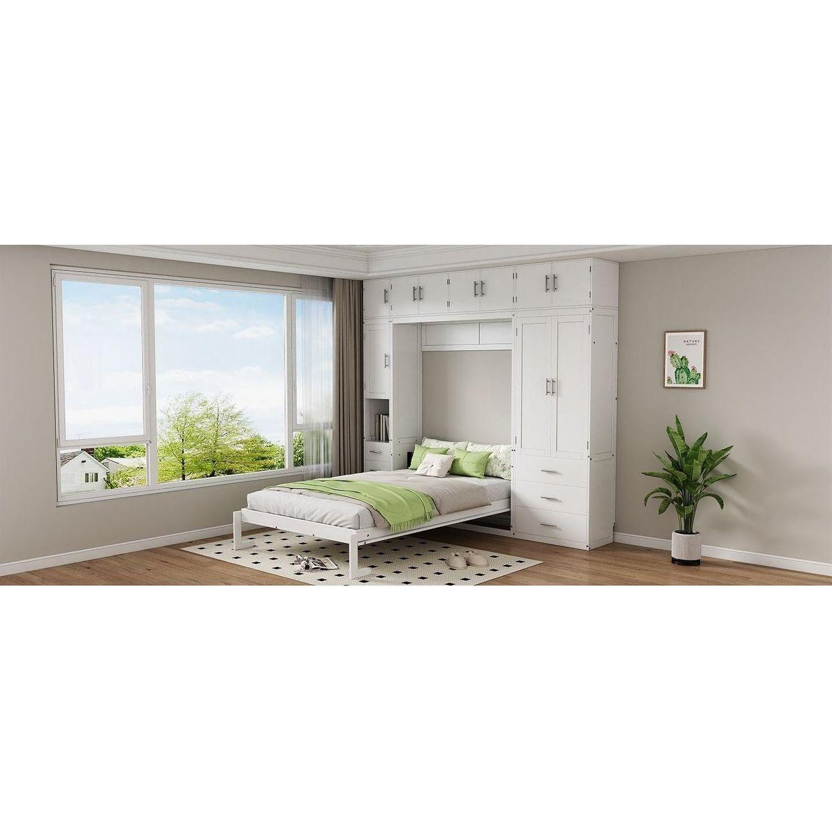 Full Size Murphy Bed with Lockers and Wardrobes, With installation video, White