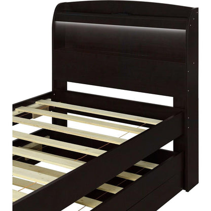 Twin XL Size Platform Bed with Storage LED Headboard, Charging Station, Twin Size Trundle and 2 Drawers, Dark Brown