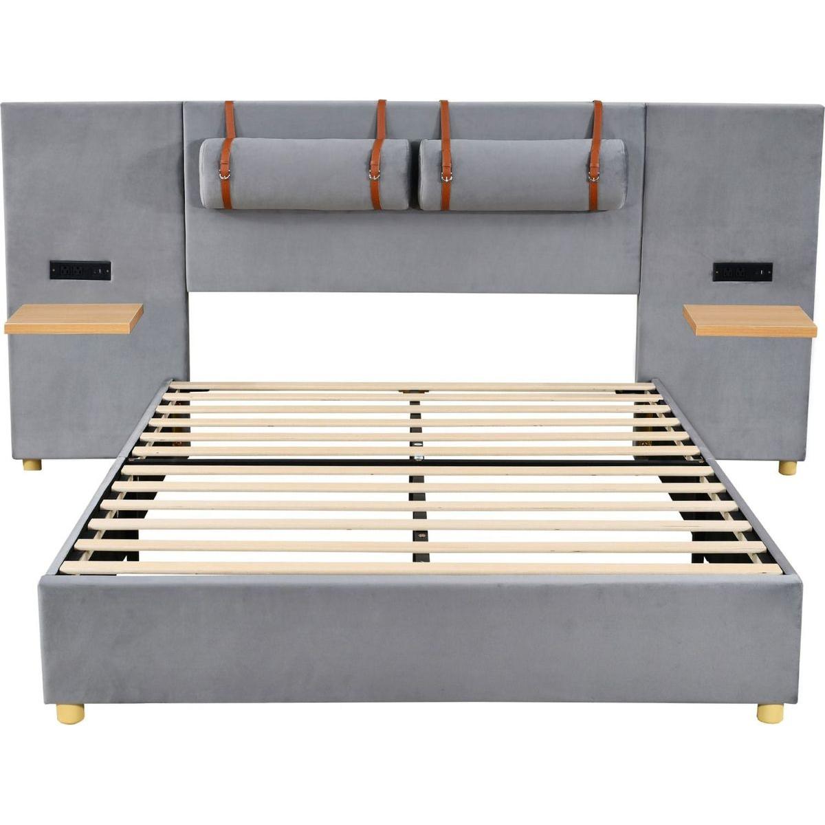 Queen Upholstered Platform Bed, Two Outlets and USB Charging Ports on Both Sides, Two Bedside Pillows, Storage Shelves, Velvet,Gray