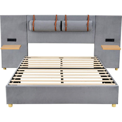 Queen Upholstered Platform Bed, Two Outlets and USB Charging Ports on Both Sides, Two Bedside Pillows, Storage Shelves, Velvet,Gray