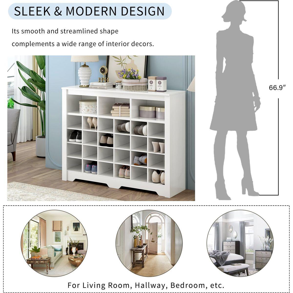 Sleek Design 24 Shoe Cubby Console, Modern Shoe Cabinet with Curved Base, Versatile Sideboard with High-quality for Hallway, Bedroom, Living Room, White