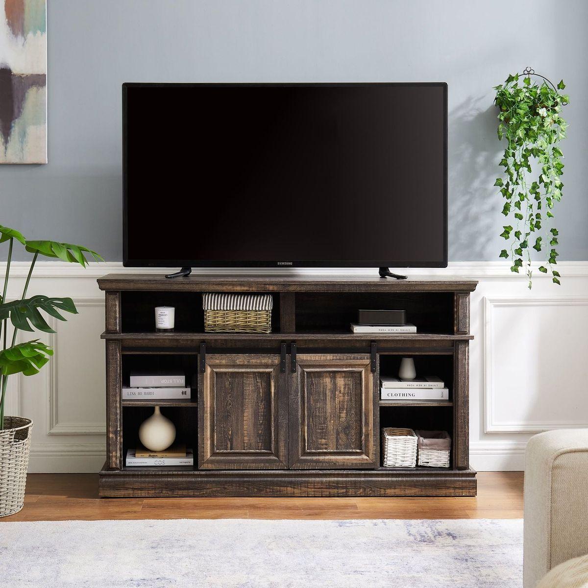 Media Console Table with Storage Cabinet, Mid Century style Entertainment TV Table, Multipurpose Sliding Door TV Cabinet Large Storage Space, 58.11"Wx15.79"Dx32.36"H Antique brown