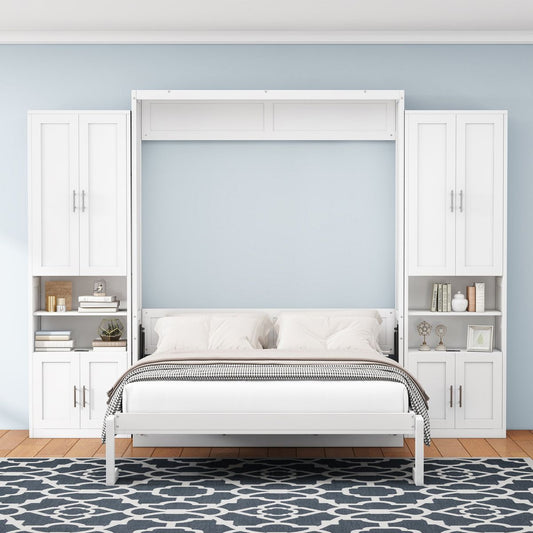Full Size Murphy Bed with 2 Side Cabinet Storage Shelves, 61.5-inch Cabinet Bed Folding Wall Bed with Desk Combo Perfect for Guest Room, Study, Office,White(old sku:BS7013008109C)
