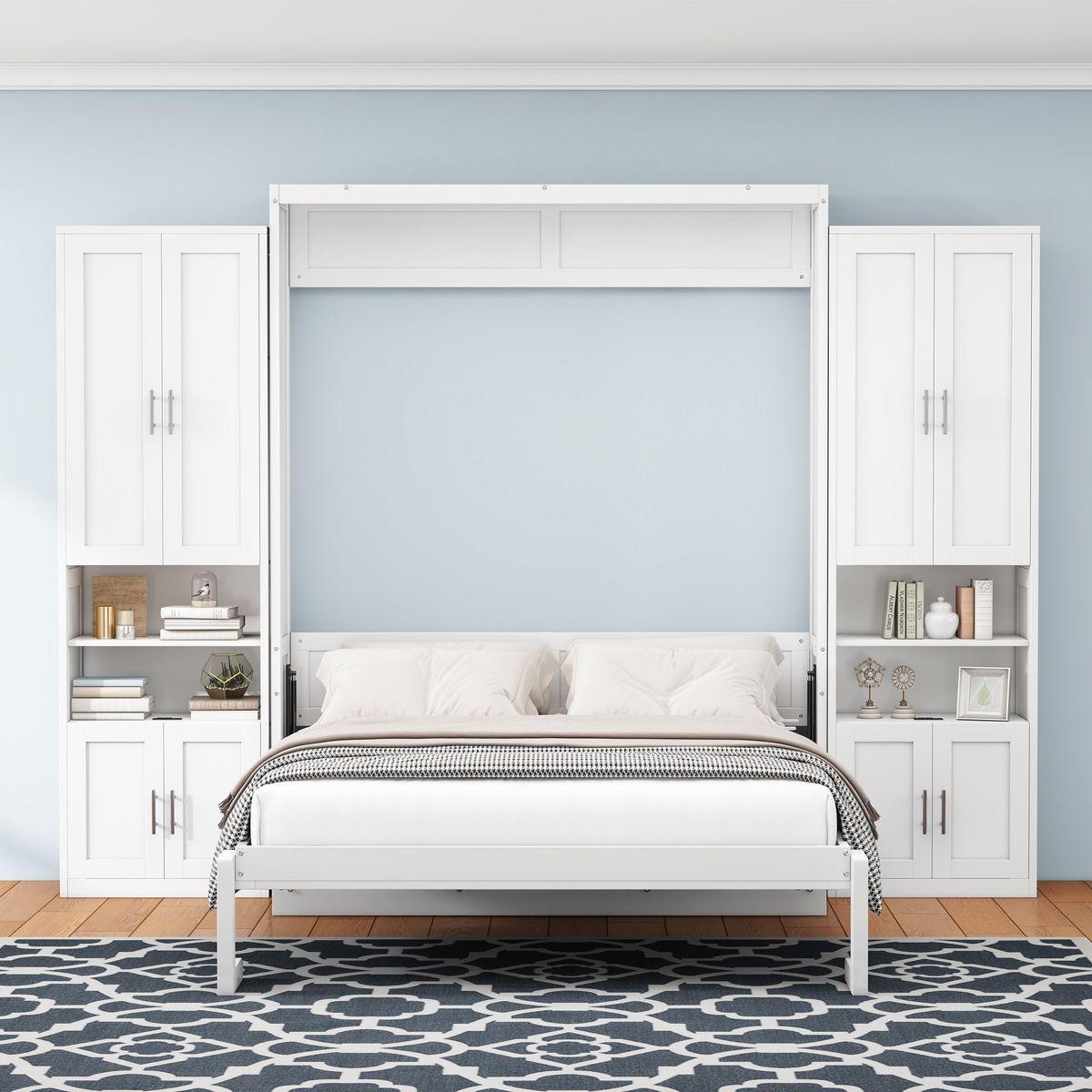 Queen Size Murphy Bed with 2 Side Cabinet Storage Shelves, 68-inch Cabinet Bed Folding Wall Bed with Desk Combo Perfect for Guest Room, Study, Office,White(old sku:BS7013008104C)